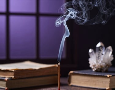 An artistic photograph of smoke from incense curling in front of a window at dusk. The colors are deep purple and grey. In the background, out of focus, are silhouettes of ancient books and a crystal cluster.