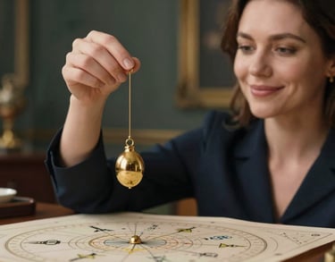A close-up photography of a professional woman with a calm smile, holding a golden pendulum over an astrological chart. The background is softly blurred, showing a high-end, mystical office space. Northern European style.