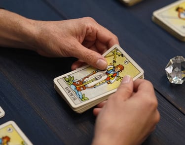 A close-up photography of a professional tarot reader's hands holding a deck of cards over a dark navy wooden table. The lighting is focused and warm, highlighting the intricate details of the cards and a small crystal prism. Northern European setting.