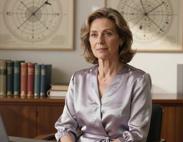 A high-quality portrait of a wise-looking woman in her 40s with a calm expression, wearing professional yet flowing silver lavender attire. She is sitting in a sunlit Northern European office with a shelf of ancient books and astrological charts behind her.
