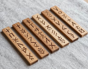 A detailed photograph of hand-carved wooden runes spread across a light grey linen cloth. The lighting is natural and crisp, emphasizing the texture of the wood and the symbolic engravings. Professional, clean composition.