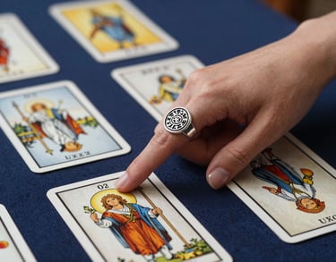 A high-quality photograph showing the detail of a silver ring with mystical symbols on a woman's hand as she points to a specific card on a Taro spread. Deep navy and pearl white tones dominate the frame.