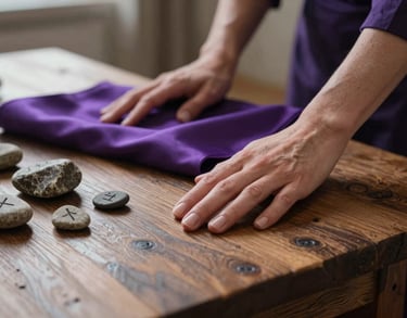 A close-up photograph of a Northern European woman's hands gently touching an ancient oak table in a room filled with soft, mystical morning light. Beside her are scattered rune stones and a deep purple silk cloth. The scene is calm and professional, with colors reflecting deep navy and muted lavender.