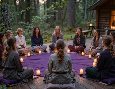 An atmospheric photograph of a group of women sitting in a circle during a mystical retreat in a Northern European forest cabin. They are surrounded by soft candlelight and muted purple textiles, looking empowered and engaged in a spiritual practice.