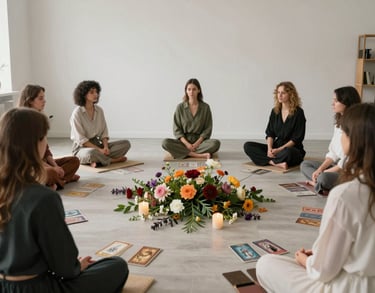A professional wide-angle shot of a serene Northern European studio designed for women's circles. The interior features natural textures, pearl white walls, and a centerpiece made of fresh flowers and oracle cards. Soft, diffused lighting creates an empowering and mystical atmosphere.