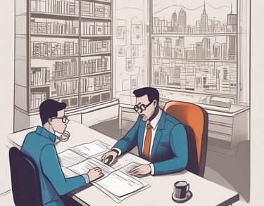 A law firm sketch showing two lawyers in suits reviewing legal documents in a high-rise office.