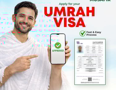 A pilgrim in Ihram pointing to an approved Umrah visa on a smartphone for Musafir travel services.