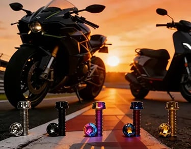 Lightweight Grade 5 titanium bolts for motorcycle racing and custom builds, available in various ano