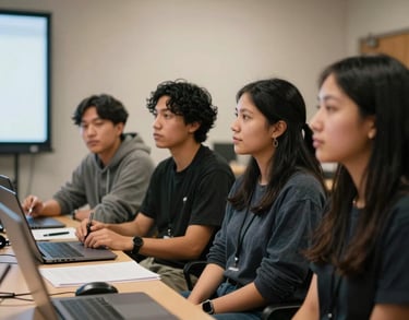 A group of North American / Urban Indigenous young adults engaged in a media workshop, looking at a screen with interest, professional lighting, empathetic and authentic vibe.