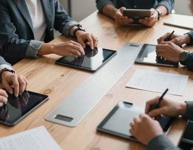 A high-angle shot of a collaborative meeting table with tablets and notes, soft morning light, clean modern aesthetic, featuring textures of wood and metal, North American / Urban Indigenous professional environment.