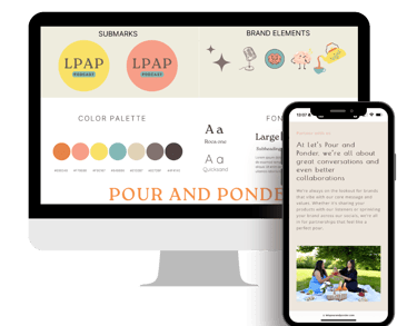 Brand style guide for Pour and Ponder podcast featuring logo submarks, color palette, and typography.
