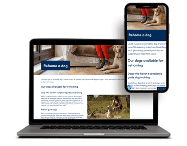 A laptop and smartphone displaying a responsive web design for a Guide dog rehoming service.