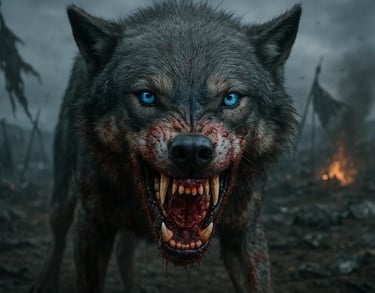 Rozwścieczony Fenrir z odsłoniętymi kłami – symbol gniewu, buntu i brutalnej prawdy o rzeczywistości