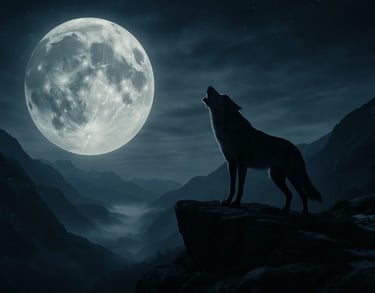Wilk wyjący do księżyca na tle nocnego nieba – symbol duchowego poszukiwania, intuicji i samotnej refleksji