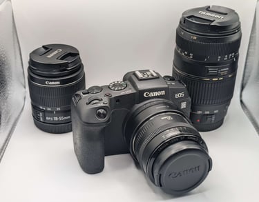Up-close shot of Canon EOS RP & a few lenses
