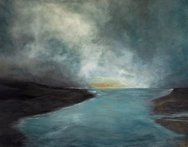 Moody seascape painting by Martin Osner showing a dark shoreline, calm blue water, and a dramatic cloudy sky at sunset.
