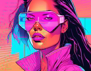 a futuristic brunette woman with pink aviators