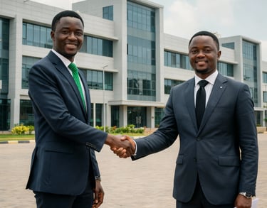 two men shaking hands in front of a building