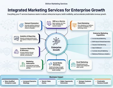 Infographic of integrated marketing services for enterprise growth, featuring demand generation, SDR-as-a-Service, and email