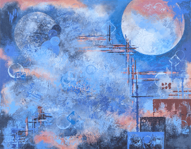 Abstract painting in blues with accents of peach and rose. Multiple orbs and marks like map lines