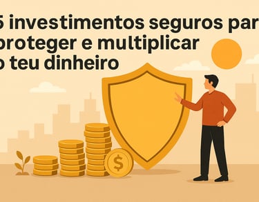 Homem apontando para um escudo dourado ao lado de pilhas de moedas, representando investimentos segu