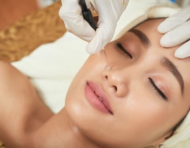a woman getting a skin booster treatment by someone wearing a glove using a microneedling pen