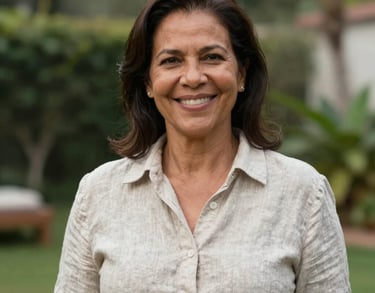 Professional portrait of a middle-aged South American / Brazilian woman with a warm smile, wearing a simple linen shirt, standing in front of a garden, soft outdoor lighting.