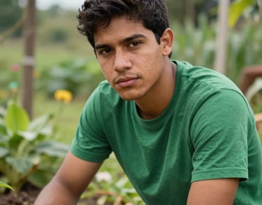 Portrait of a young South American / Brazilian man with short dark hair, wearing a green t-shirt, working in a garden setting, looking into the camera with confidence, daytime lighting.
