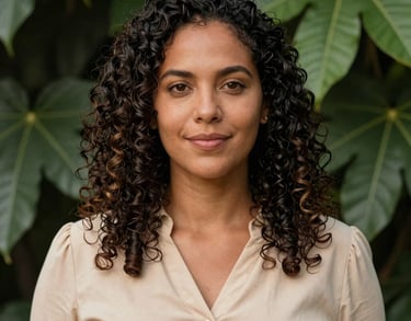 Portrait of a South American / Brazilian woman with dark curly hair, wearing a beige blouse, standing against a background of green leaves, professional and welcoming style.