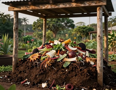 Photography of a community composting area in a Brazilian garden, showing layers of organic matter and rich soil under a simple wooden shelter, afternoon light.