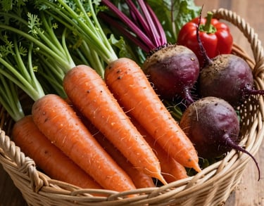 A close-up shot of a variety of freshly harvested organic vegetables like carrots, beets, and peppers in a handmade wicker basket, set on a wooden table.