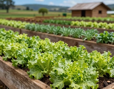 Rows of bright green lettuce and herbs growing in raised wooden beds, with a rustic South American / Brazilian countryside background and blue sky.