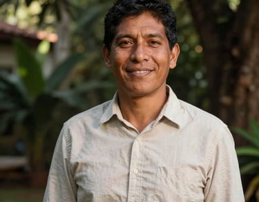 Portrait of a South American / Brazilian man in his late 20s, with a friendly face, wearing a simple cotton shirt, standing in a garden with sunlight dappling through trees.