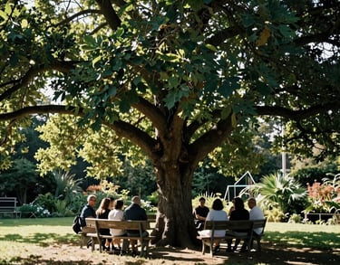 Sunlight filtering through the leaves of a large tree in the middle of a garden, with benches underneath for rest and community meetings, serene mood.