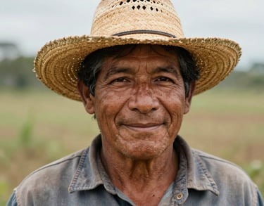 Portrait of a South American / Brazilian man in his 50s, smiling, wearing a straw hat and a work shirt, outdoors in a field, authentic and friendly expression.