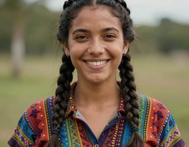 Portrait of a smiling young South American / Brazilian woman with braids, wearing a colorful patterned shirt, in an outdoor setting with natural elements in the background.