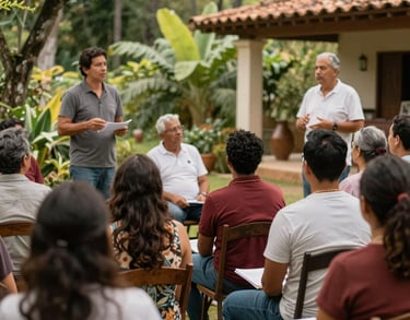 A group of people attending an outdoor workshop in a garden, listening to a speaker, South American / Brazilian setting, warm and community-focused atmosphere.