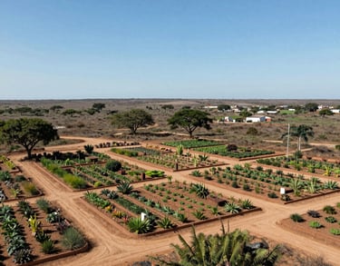 An overview of the Boa Terra project site, showing the integration of the garden with the natural arid landscape of the Agreste, photography during a clear day.