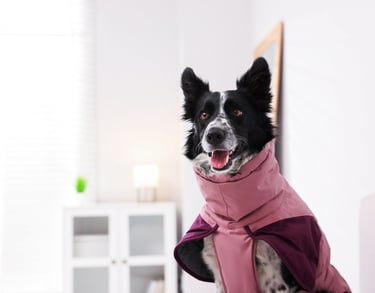 Un Border Collie blanco y negro con abrigo rosa de invierno para perros en el interior de una casa.