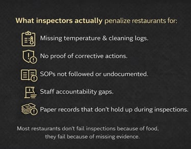 Restaurant compliance issues inspectors penalize including missing logs and corrective actions