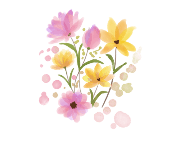 a watercolor painting of a few pink and yellow flowers
