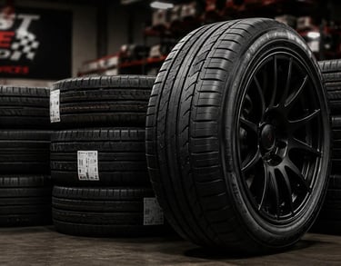 Professional new and used tire inventory at Fast Tire Shop featuring premium wheels, multiple tire 