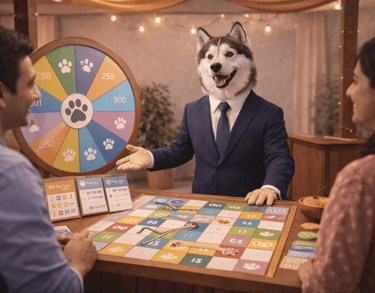 A husky wearing a suit hosting a pet-themed board game for a smiling couple.