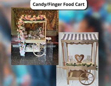 Elegant vintage wooden candy and finger food cart decorated with flowers for wedding events.