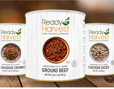 ready harvest freeze dried pork sausage, ground beef and chicken dices in cans