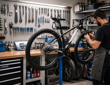 taller de bicicletas, con herramientas 