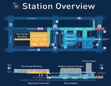 Diagram of Penn Station with Moynihan Train Hall 