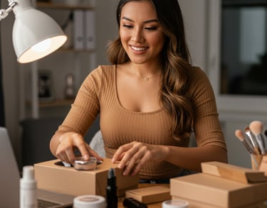 a woman is smiling and holding a box of makeup