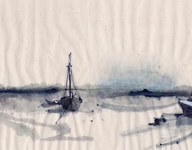 a painting of a boat in the water