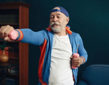 Treino para idoso de fortalecimento muscular com um personal trainer na sua casa